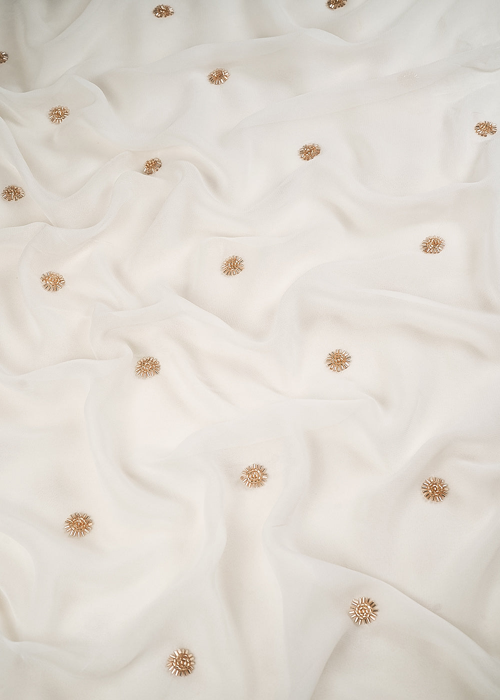 White Dyeable Georgette Fabric With All Over Buti Of Sequins And Katdana Work 24488