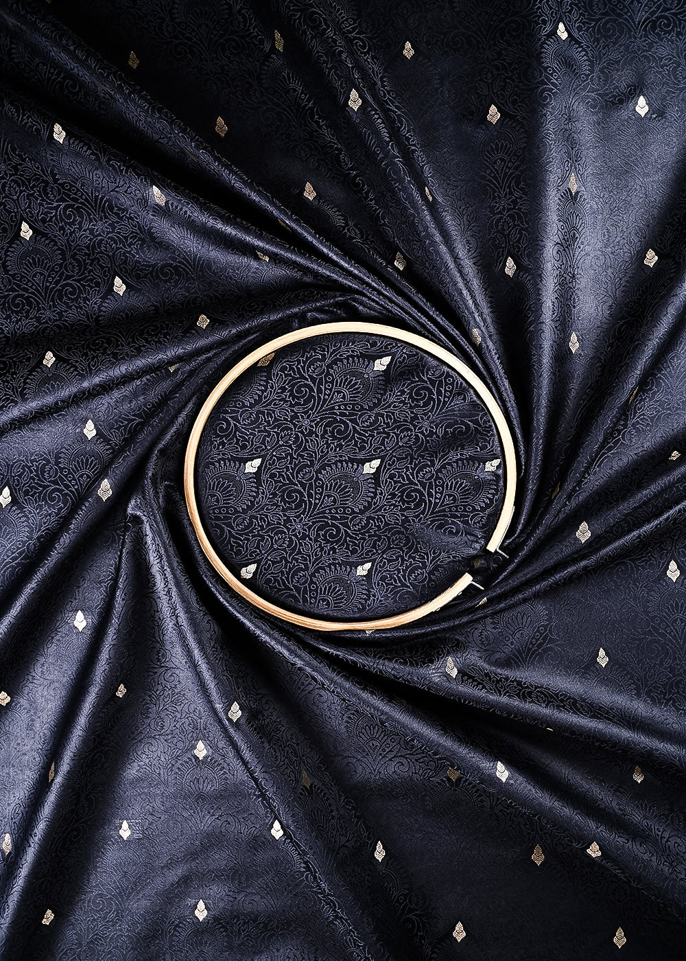 Black Banarasi Brocade Fabric With All Over Thread And Zari Handloom 24493