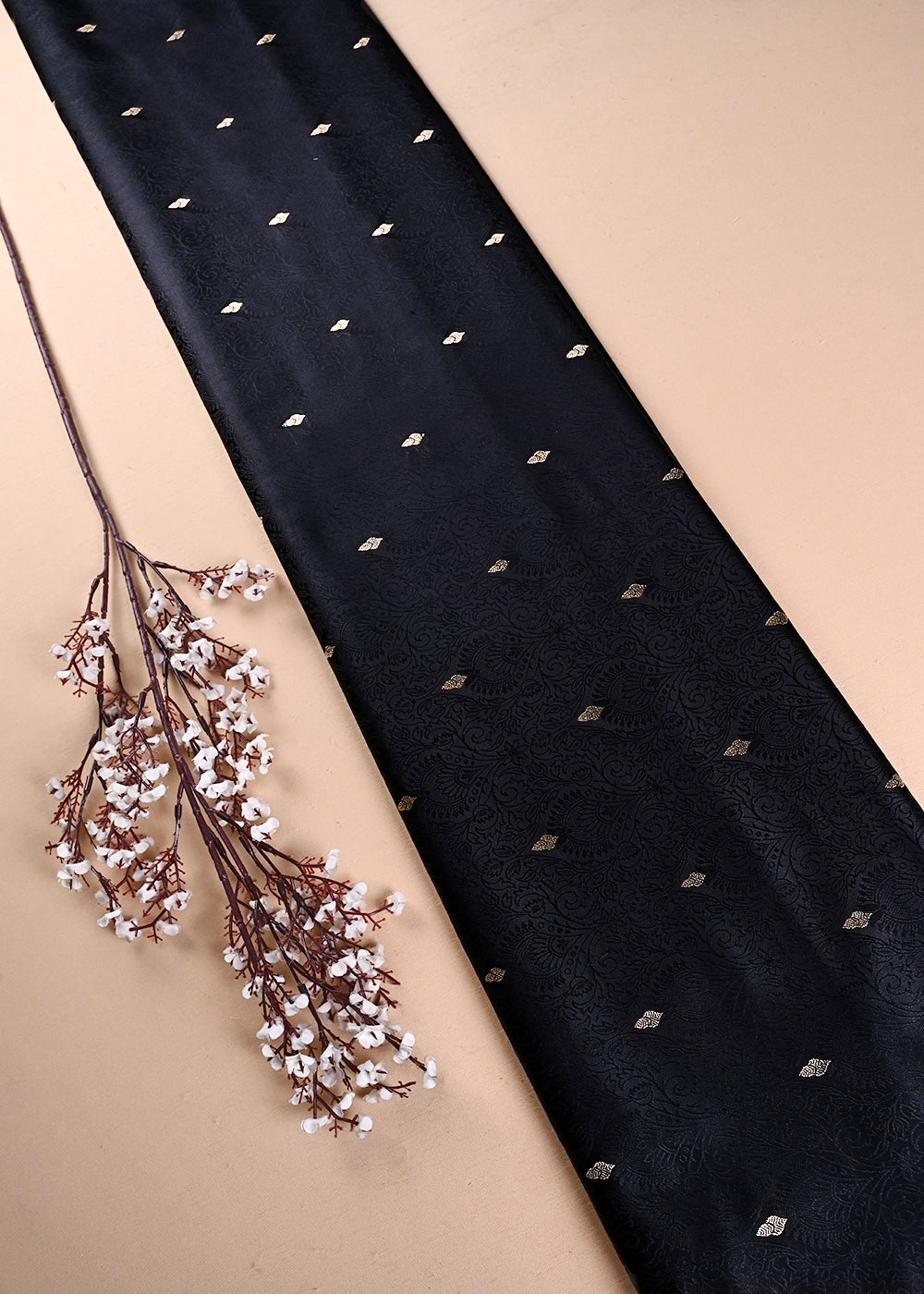 Black Banarasi Brocade Fabric With All Over Thread And Zari Handloom 24493