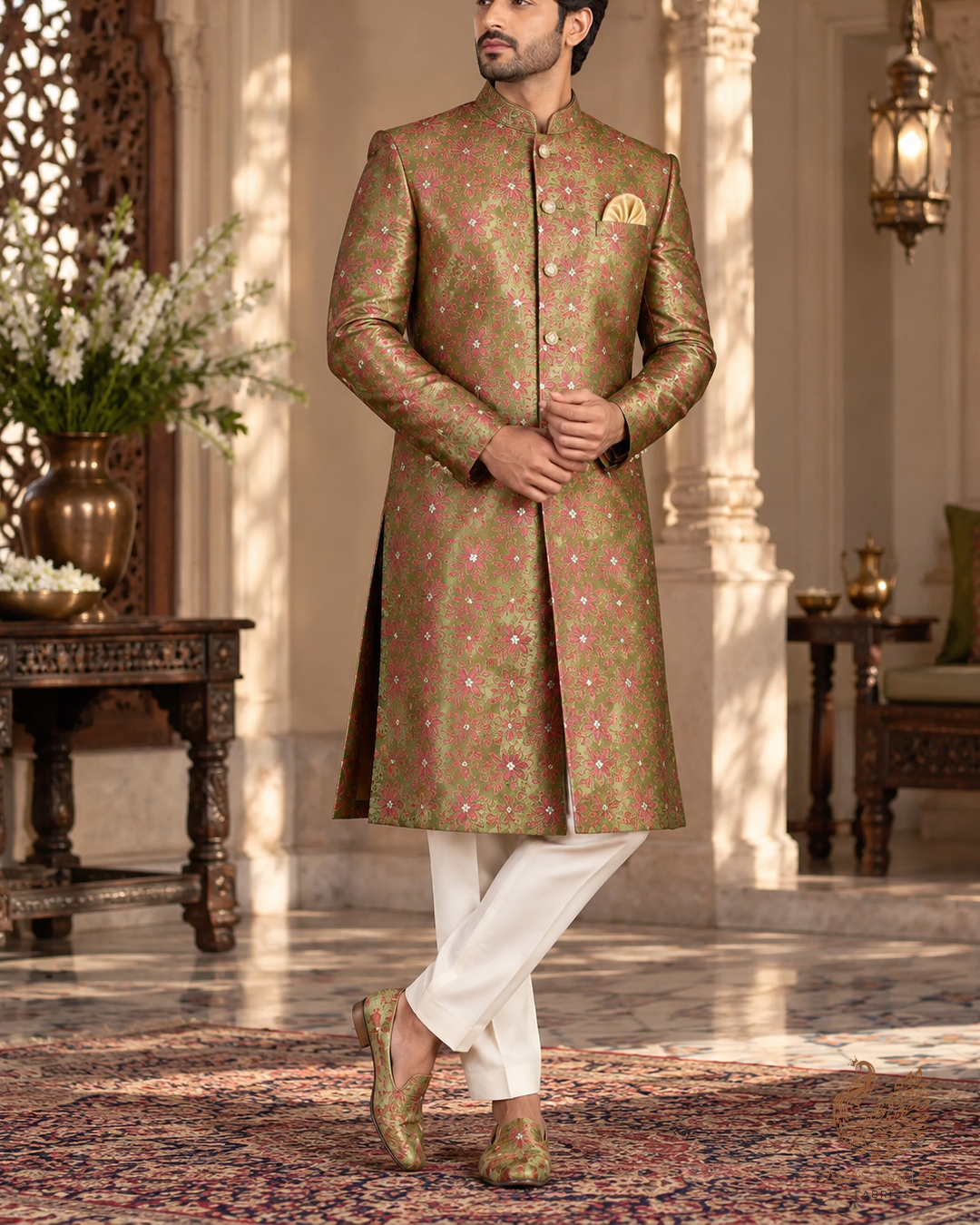 Green Banarasi Brocade Fabric With All Over Thread And Zari Handloom 24503