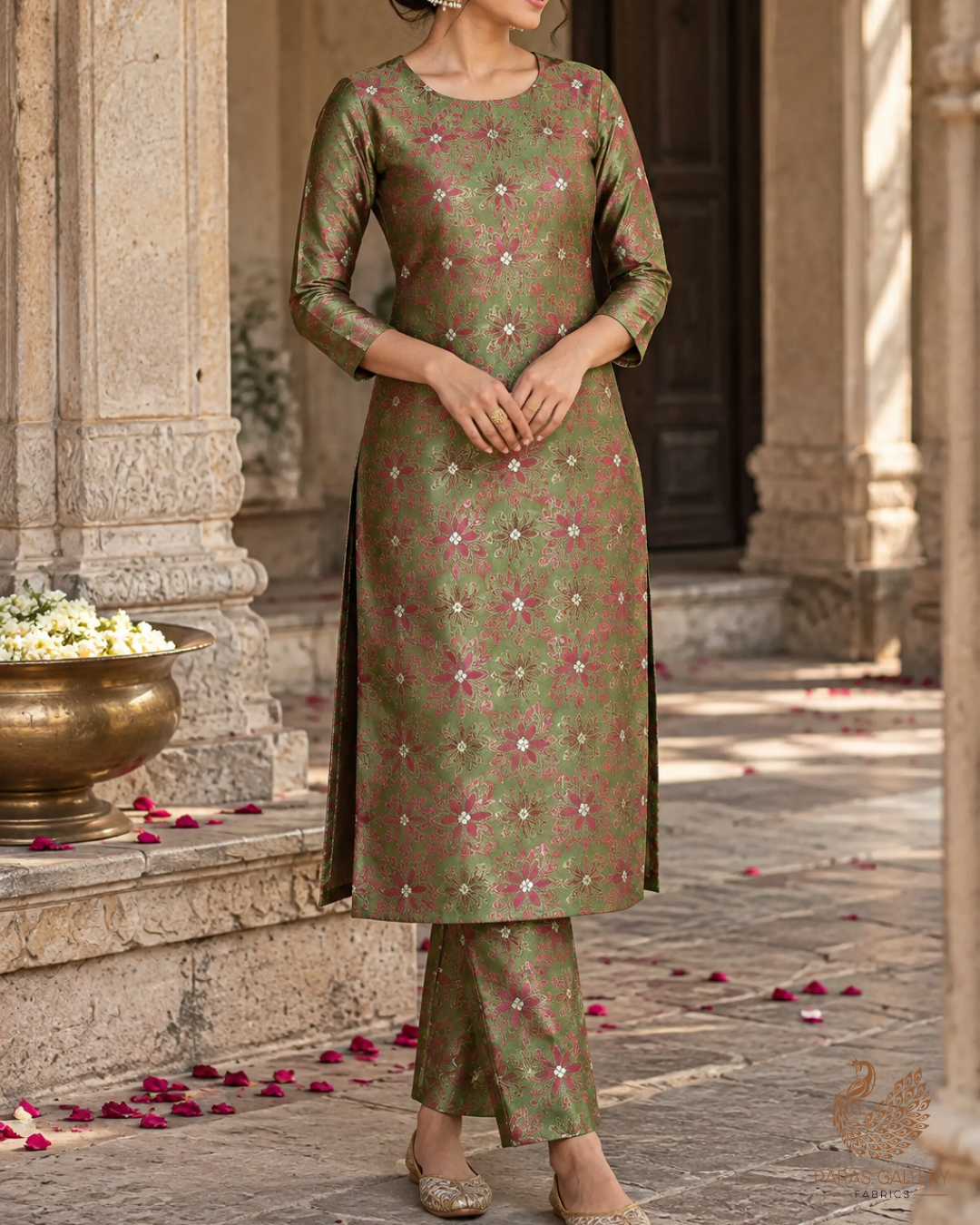 Green Banarasi Brocade Fabric With All Over Thread And Zari Handloom 24503