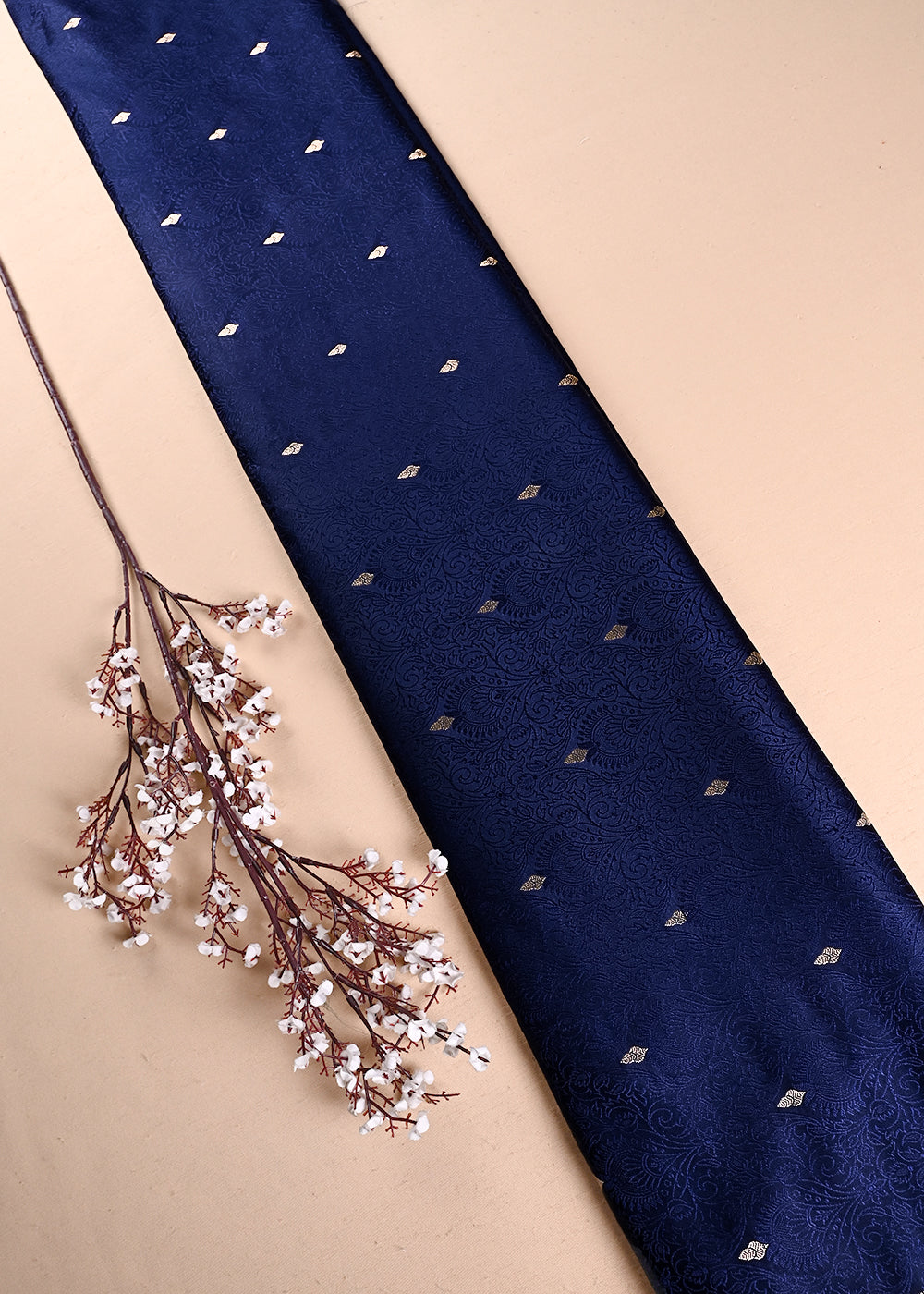 Navy Blue Banarasi Brocade Fabric With All Over Thread And Zari Handloom 24506