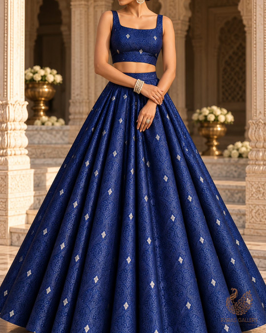 Navy Blue Banarasi Brocade Fabric With All Over Thread And Zari Handloom 24506