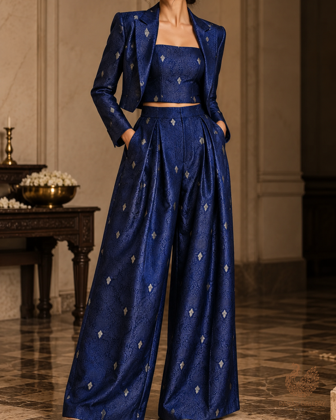 Navy Blue Banarasi Brocade Fabric With All Over Thread And Zari Handloom 24506