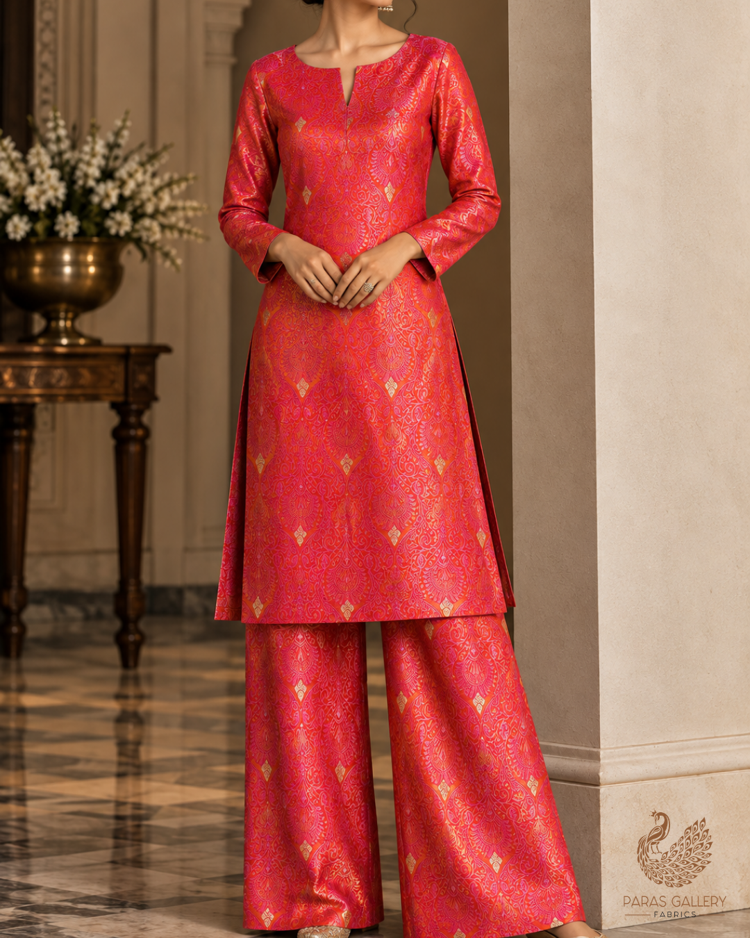 Orange Banarasi Brocade Fabric With All Over Thread And Zari Handloom 24507
