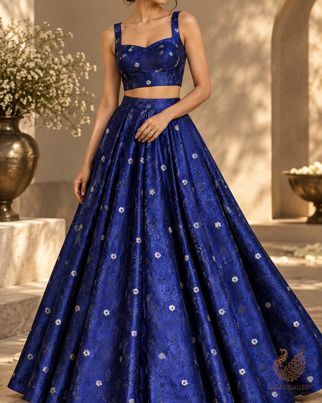 Navy Blue Banarasi Brocade Fabric With All Over Thread And Zari Handloom 24511