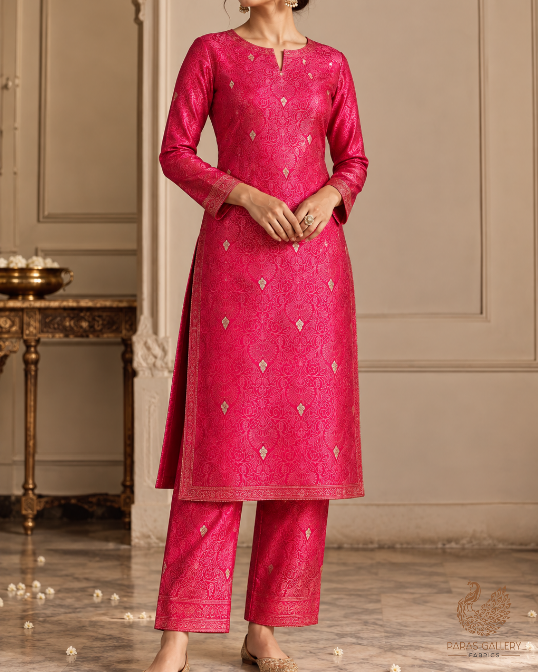 Pink Banarasi Brocade Fabric With All Over Thread And Zari Handloom 24512