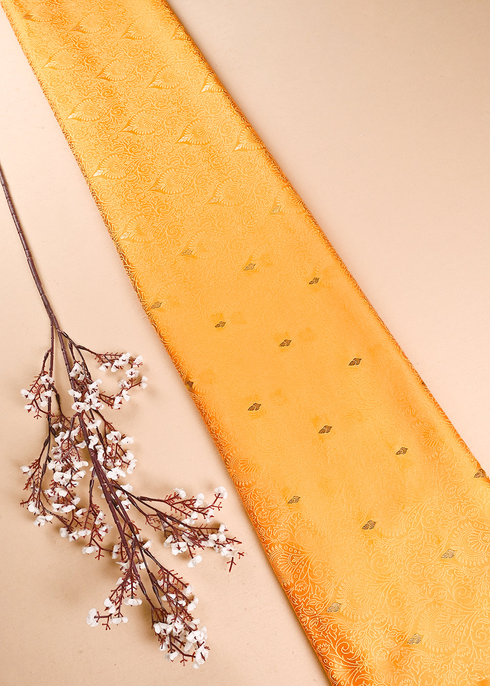 Yellow Banarasi Brocade Fabric With All Over Thread And Zari Handloom 24515