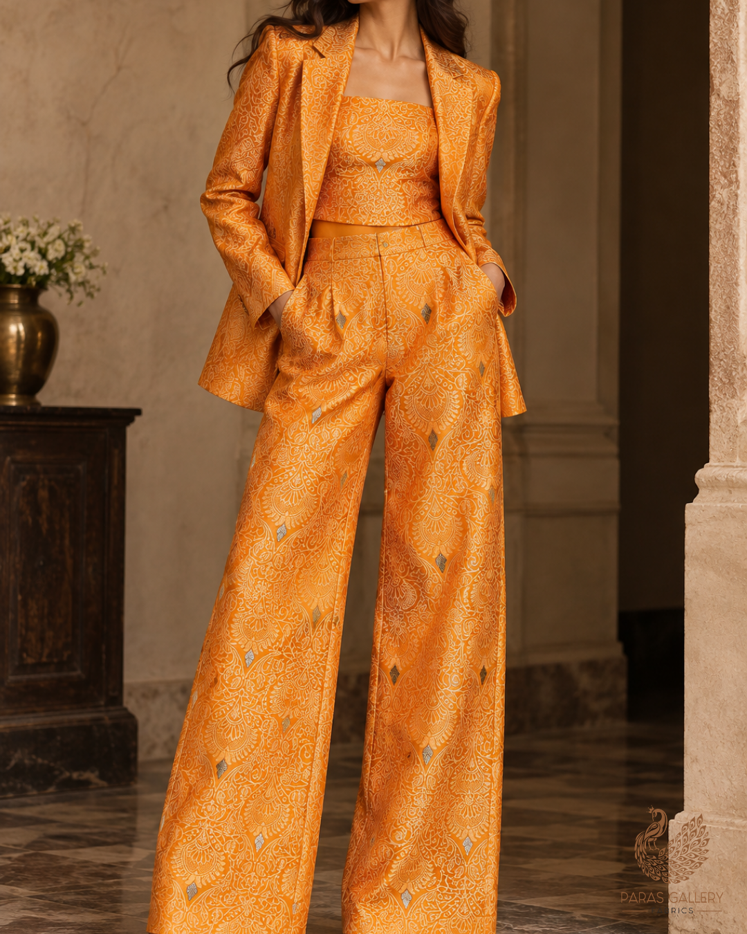 Yellow Banarasi Brocade Fabric With All Over Thread And Zari Handloom 24515