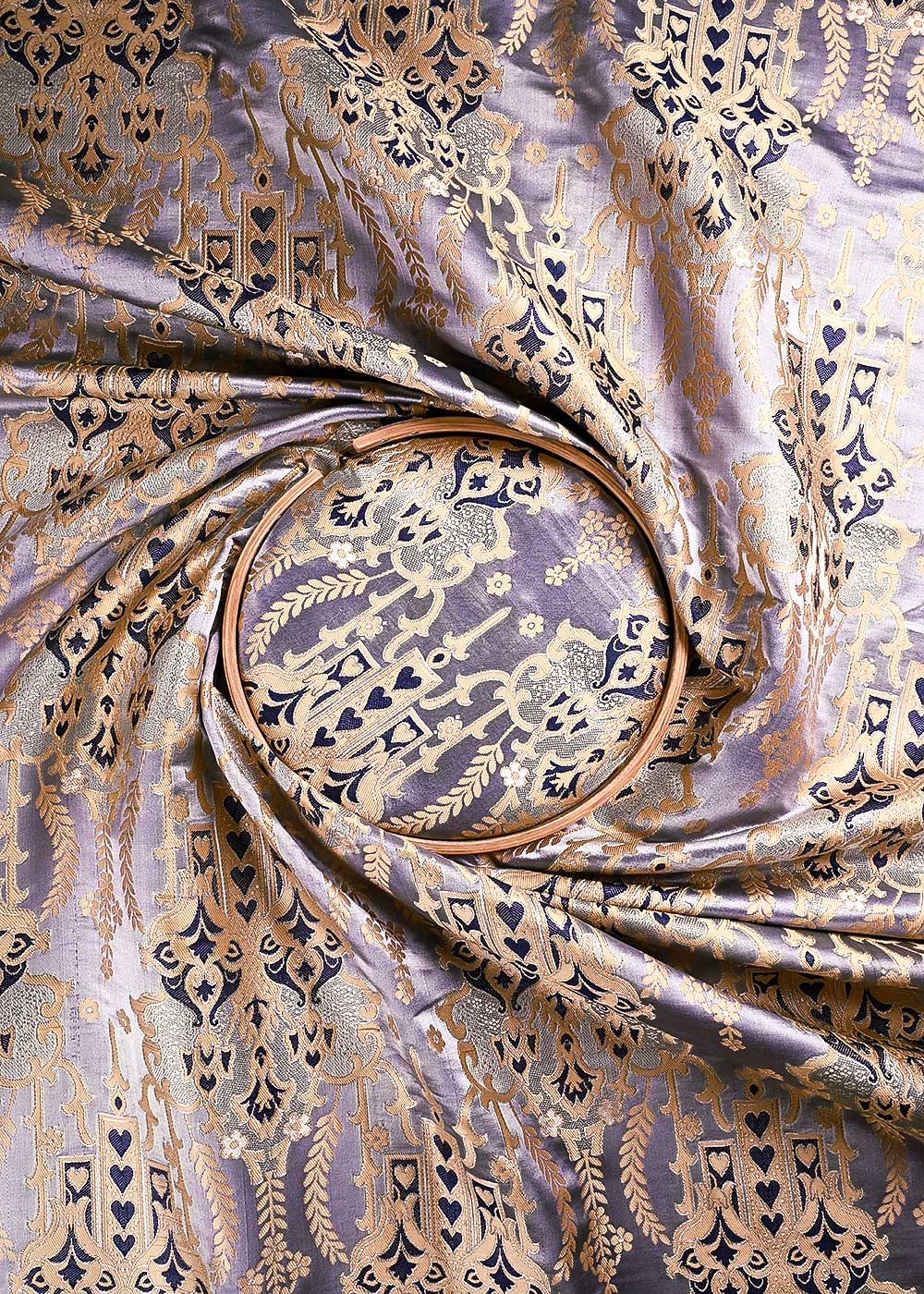 Grey Banarasi Brocade Fabric With All Over Thread And Zari Handloom 24516
