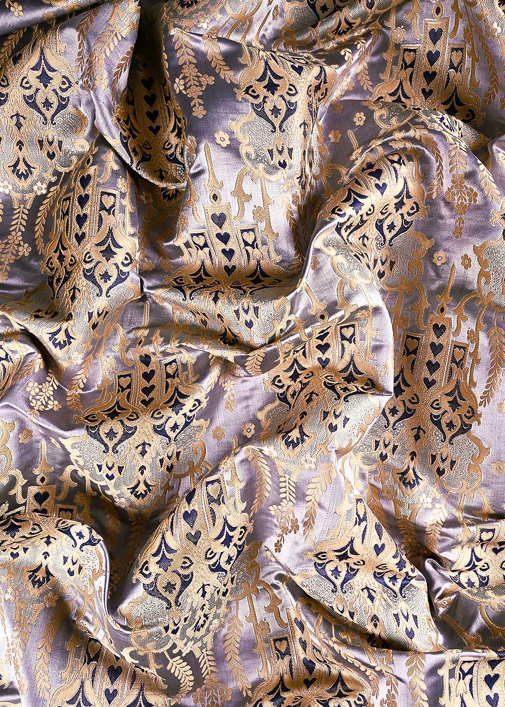 Grey Banarasi Brocade Fabric With All Over Thread And Zari Handloom 24516