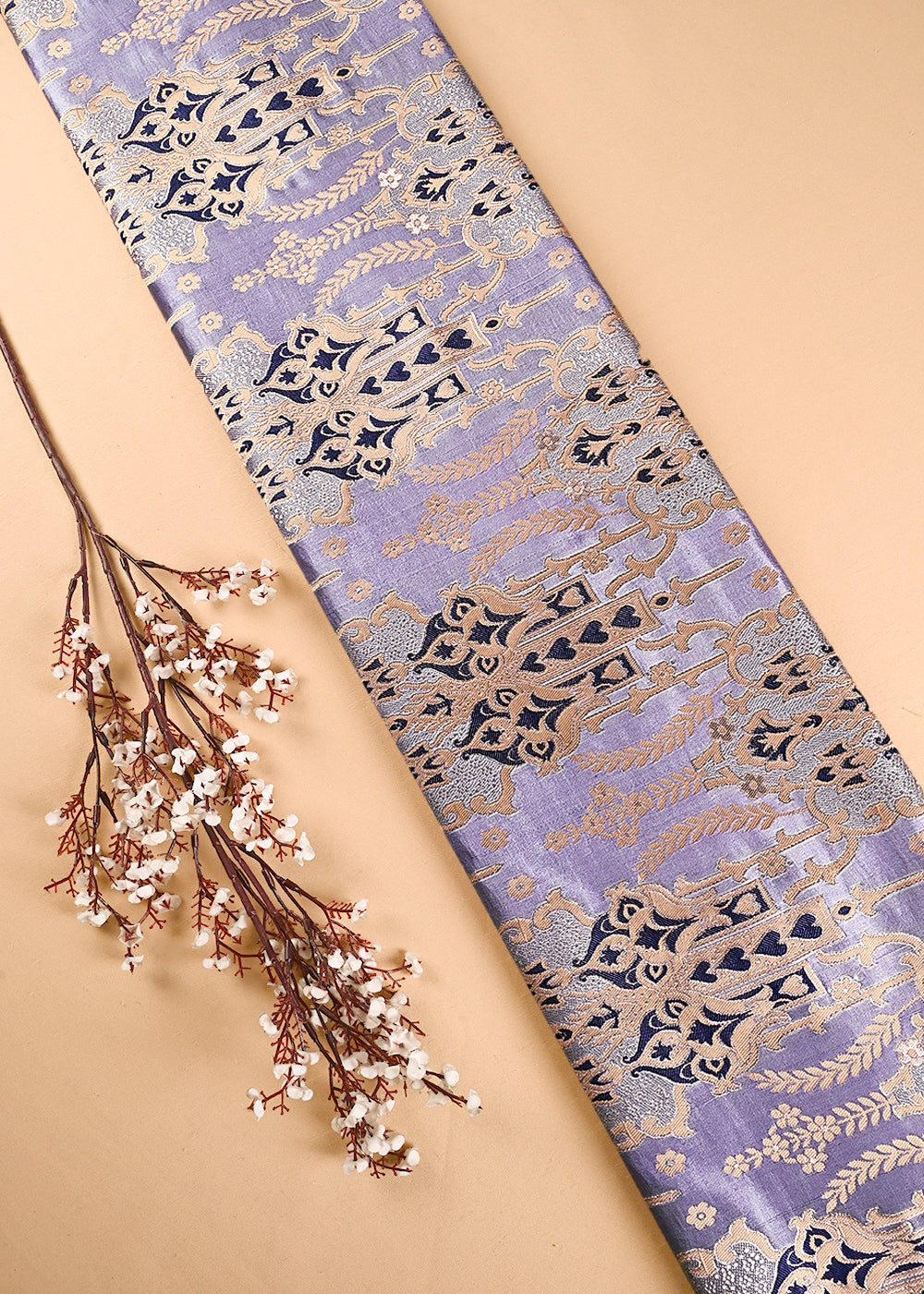 Grey Banarasi Brocade Fabric With All Over Thread And Zari Handloom 24516