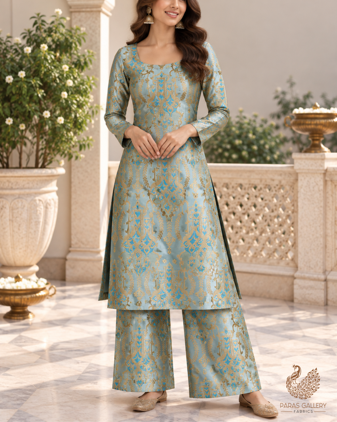 Blue Banarasi Brocade Fabric With All Over Thread And Zari Handloom 24517
