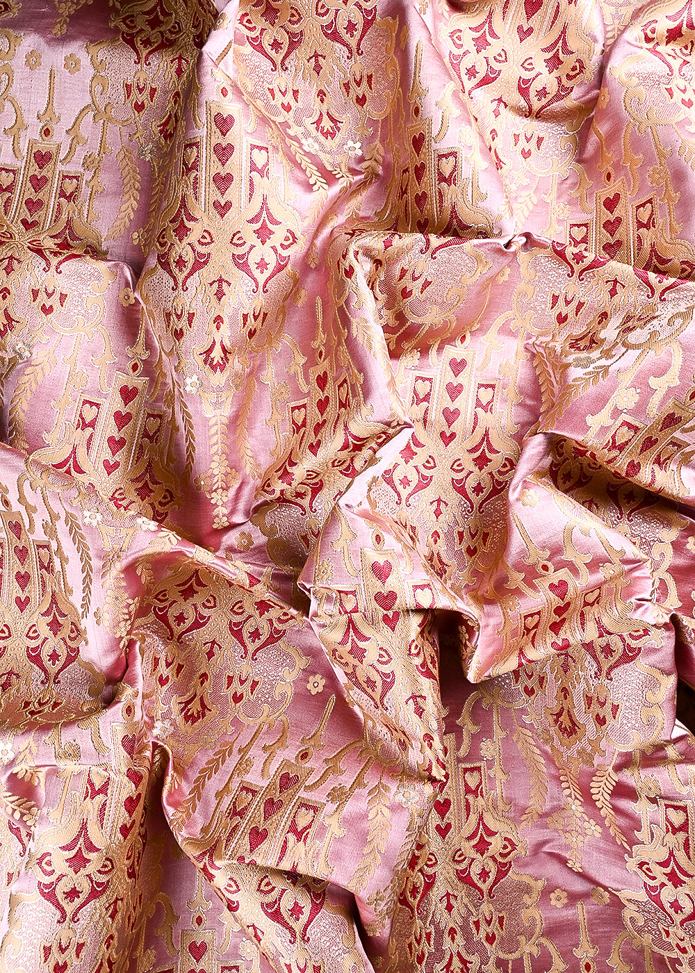 Pink Banarasi Brocade Fabric With All Over Thread And Zari Handloom 24518