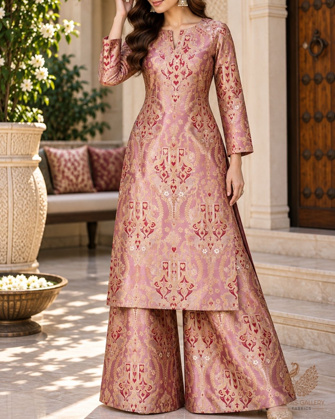 Pink Banarasi Brocade Fabric With All Over Thread And Zari Handloom 24518