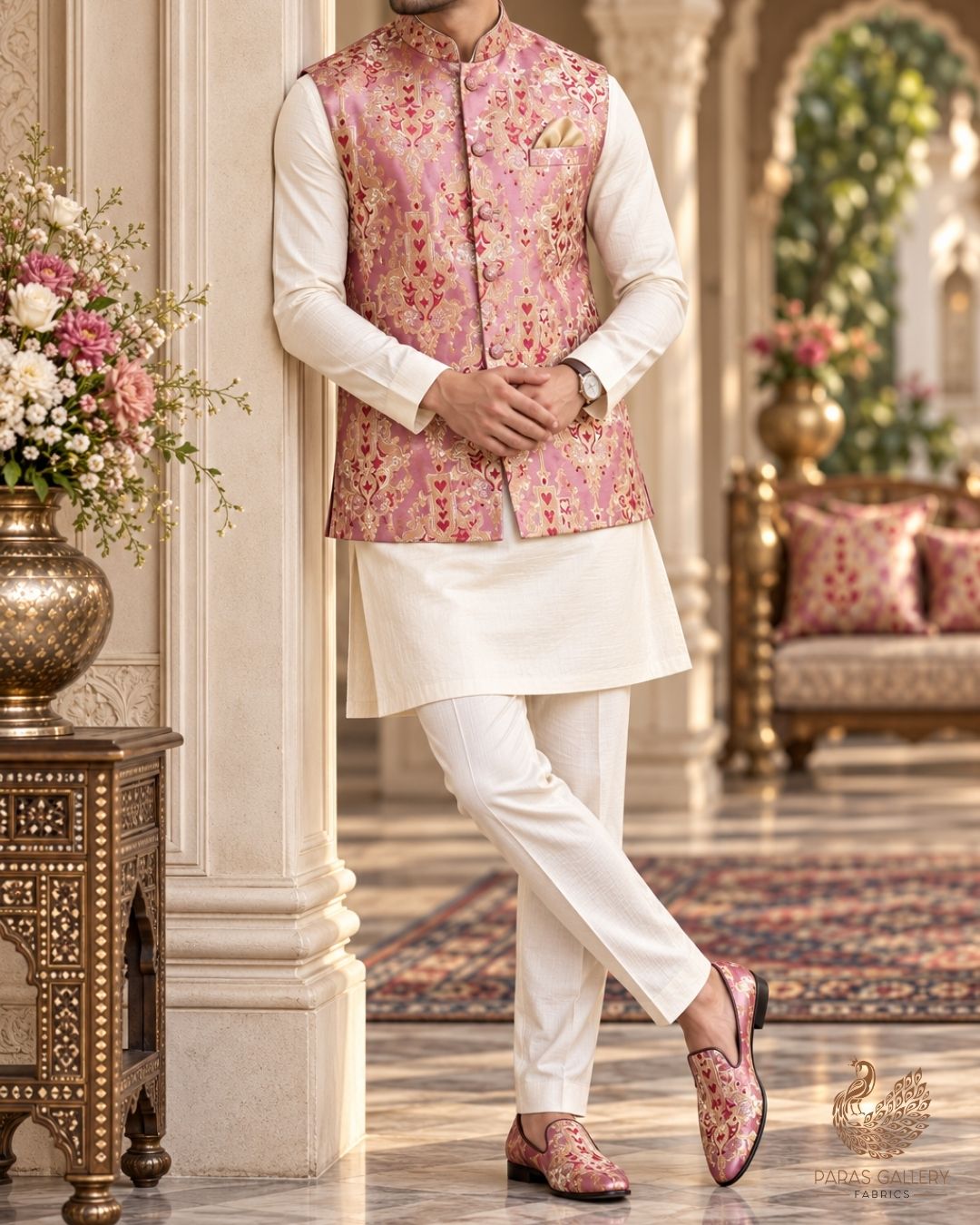 Pink Banarasi Brocade Fabric With All Over Thread And Zari Handloom 24518