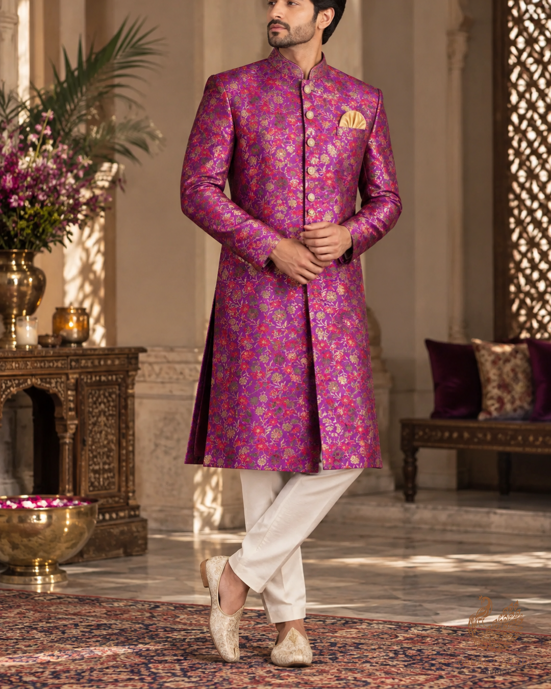 Purple Banarasi Brocade Fabric With All Over Thread And Zari Handloom 24521