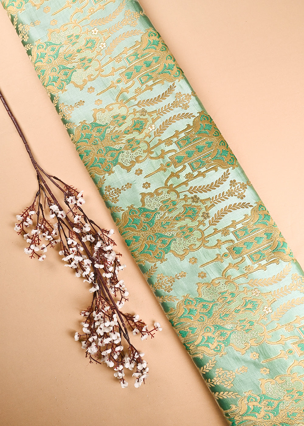 Sea Green Banarasi Brocade Fabric With All Over Thread And Zari Handloom 24520