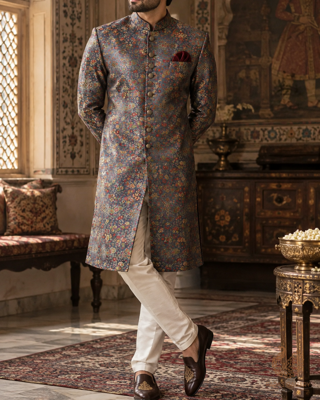 Grey Banarasi Brocade Fabric With All Over Thread And Zari Handloom 24523