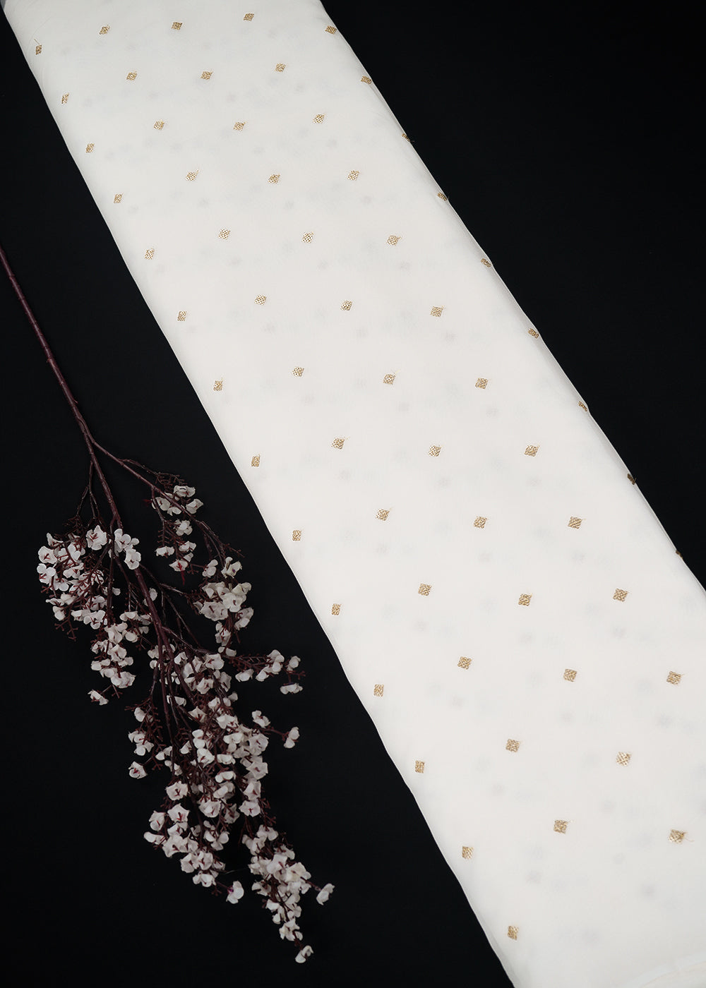 White Dyeable Georgette Fabric With All Over Buti Of Zari And Sequins Work 24536