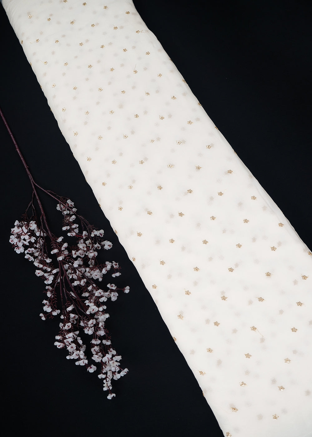 White Dyeable Georgette Fabric With All Over Buti Of Zari And Sequins Work 24537