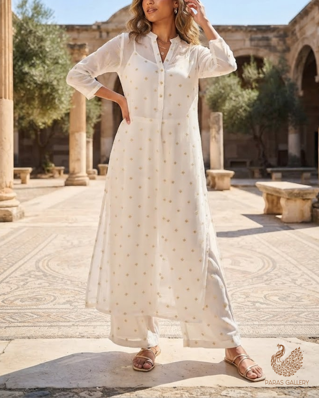 White Dyeable Georgette Fabric With All Over Buti Of Zari And Sequins Work 24537