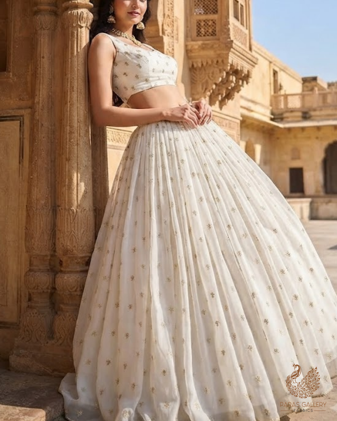 White Dyeable Georgette Fabric With All Over Buti Of Zari And Sequins Work 24538