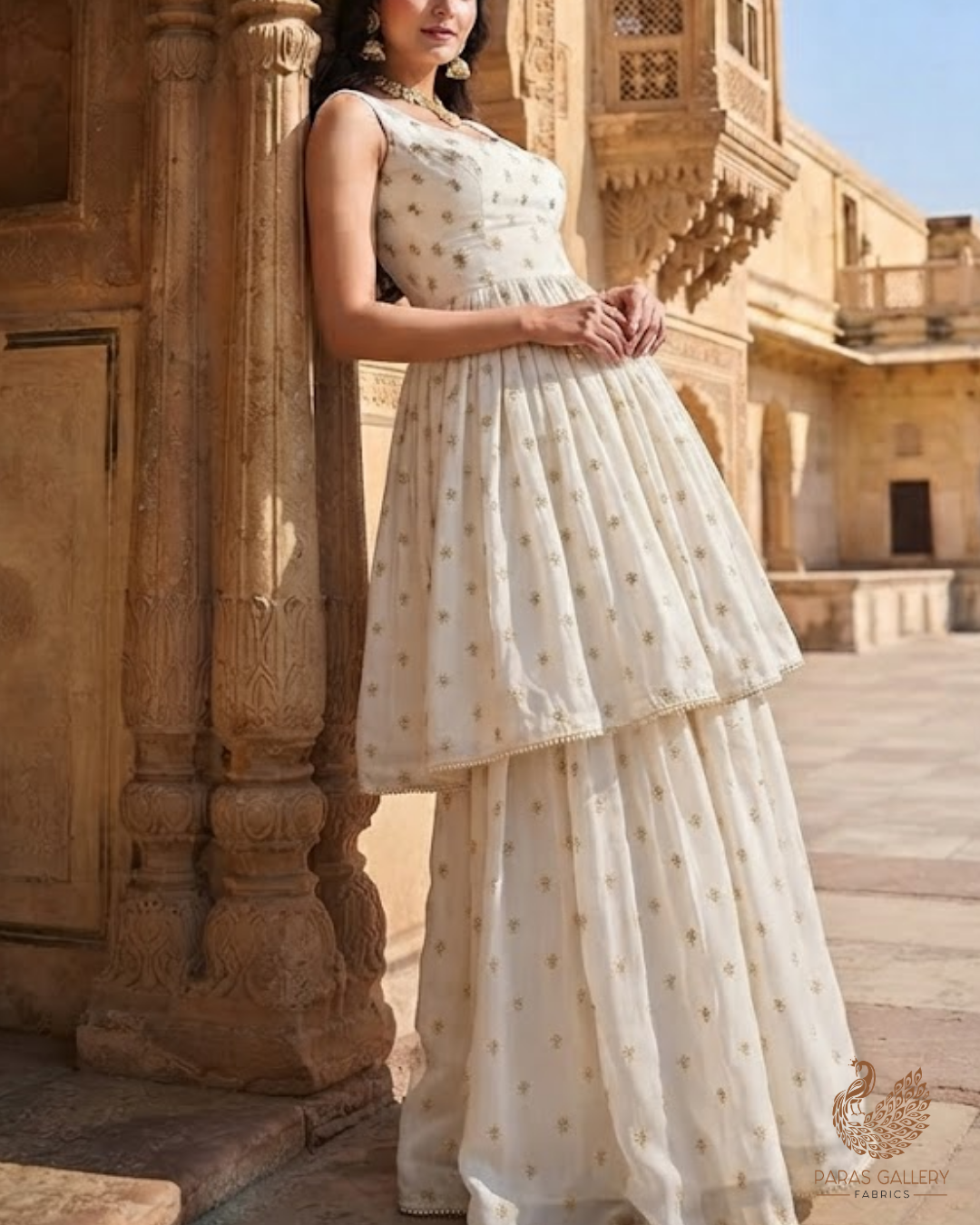 White Dyeable Georgette Fabric With All Over Buti Of Zari And Sequins Work 24538