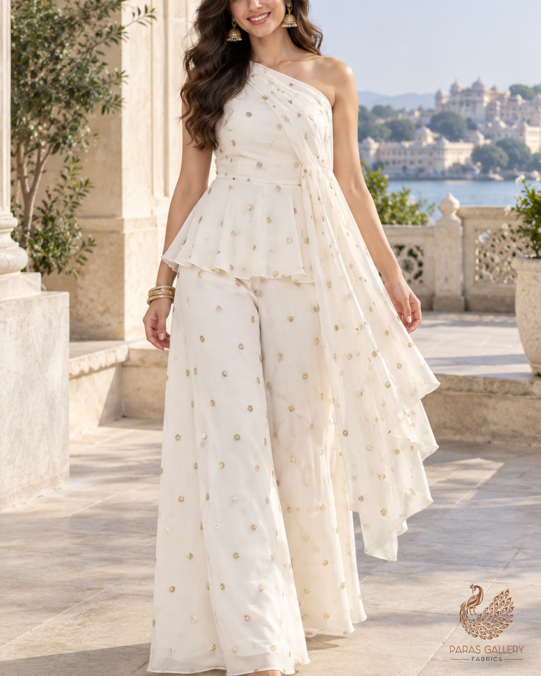 White Dyeable Georgette Fabric With All Over Buti Of Zari And Sequins Work 24540