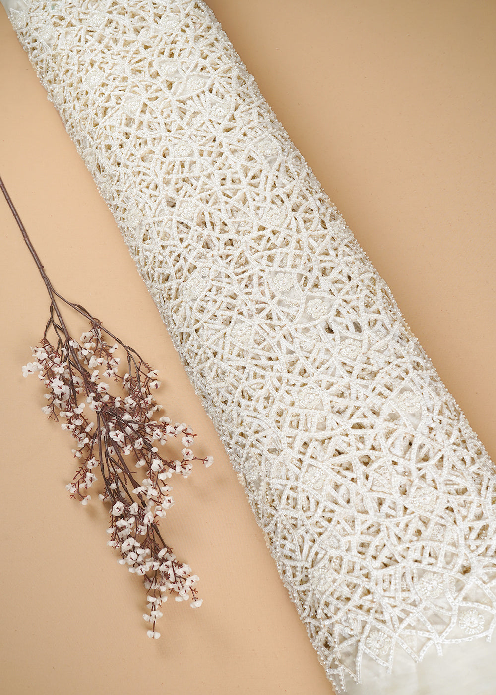 Beige Imported Net Fabric With All Over Sequins, Katdana And Laser Cutwork 24541
