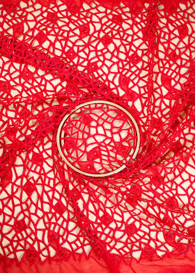 Red Imported Net Fabric With All Over Sequins, Katdana And Laser Cutwork 24542