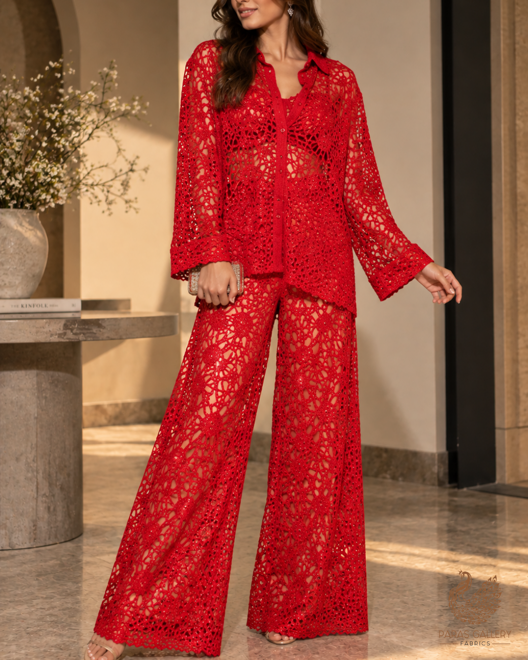 Red Imported Net Fabric With All Over Sequins, Katdana And Laser Cutwork 24542
