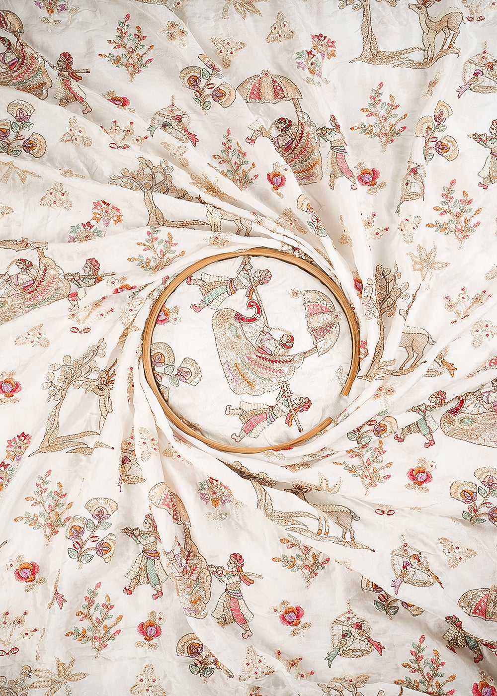 White Dyeable Silk Fabric With All Over Thread, Zari, Sequins, Katdana And Bead Work 24543