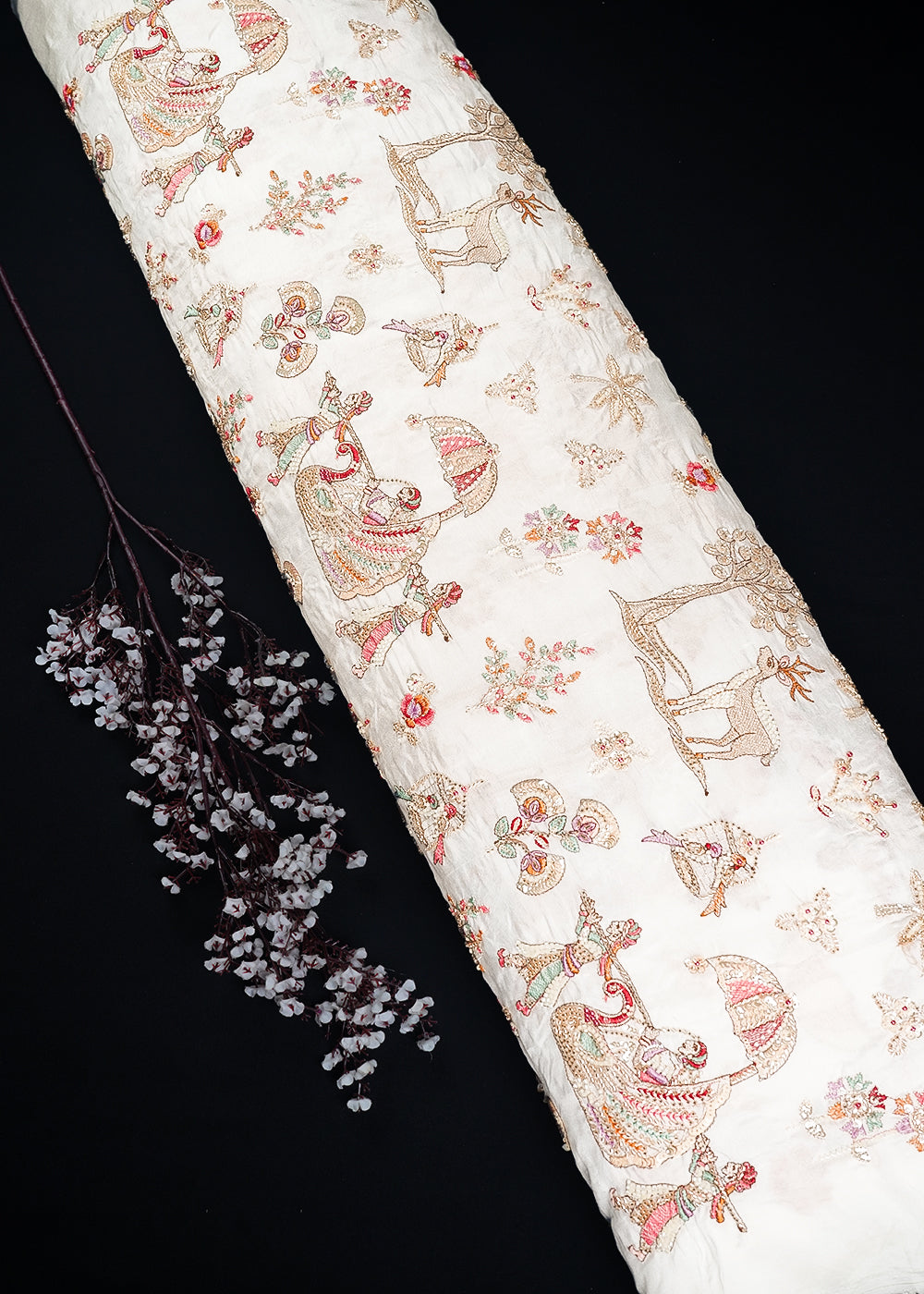 White Dyeable Silk Fabric With All Over Thread, Zari, Sequins, Katdana And Bead Work 24543