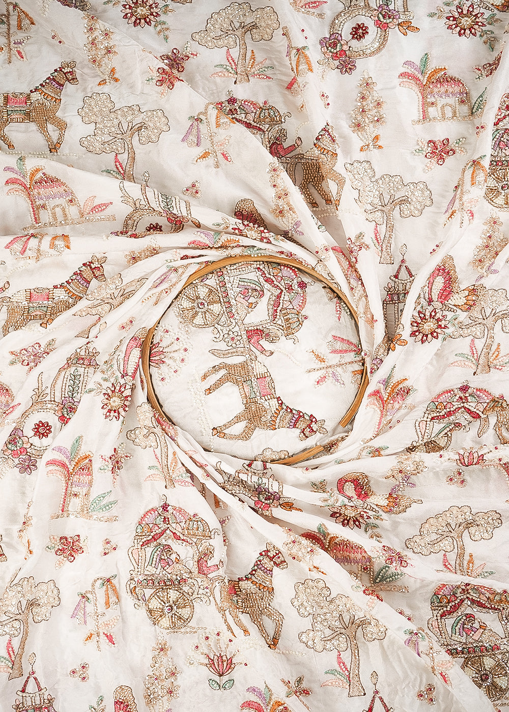 White Dyeable Silk Fabric With All Over Thread, Zari, Sequins, Katdana And Bead Work 24544