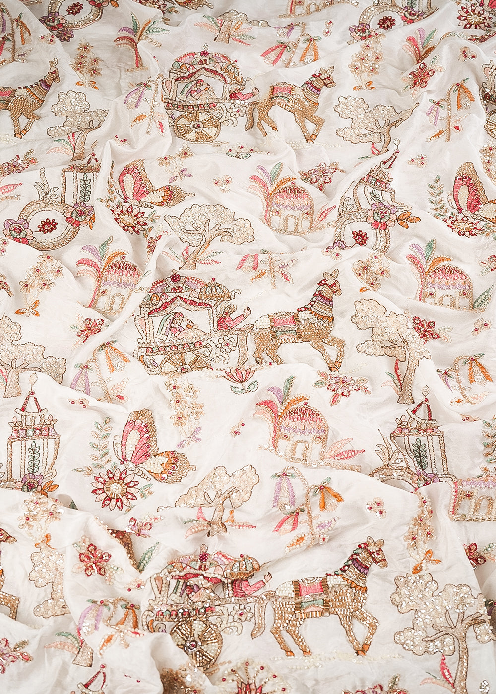 White Dyeable Silk Fabric With All Over Thread, Zari, Sequins, Katdana And Bead Work 24544