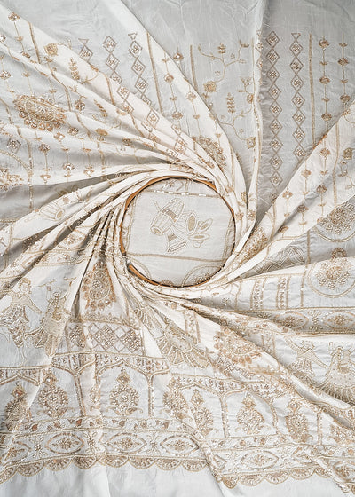 White Dyeable Silk Fabric With All Over Zari, Sequins, Katdana And Bead Work With One Side Heavy Border 24545
