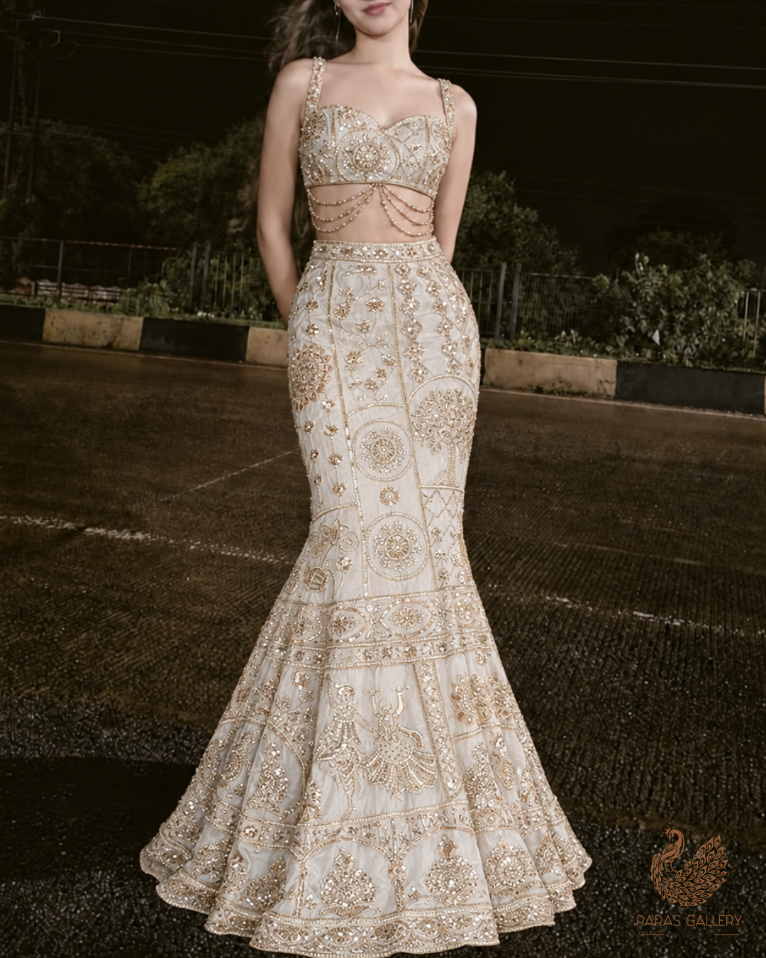 White Dyeable Silk Fabric With All Over Zari, Sequins, Katdana And Bead Work With One Side Heavy Border 24545