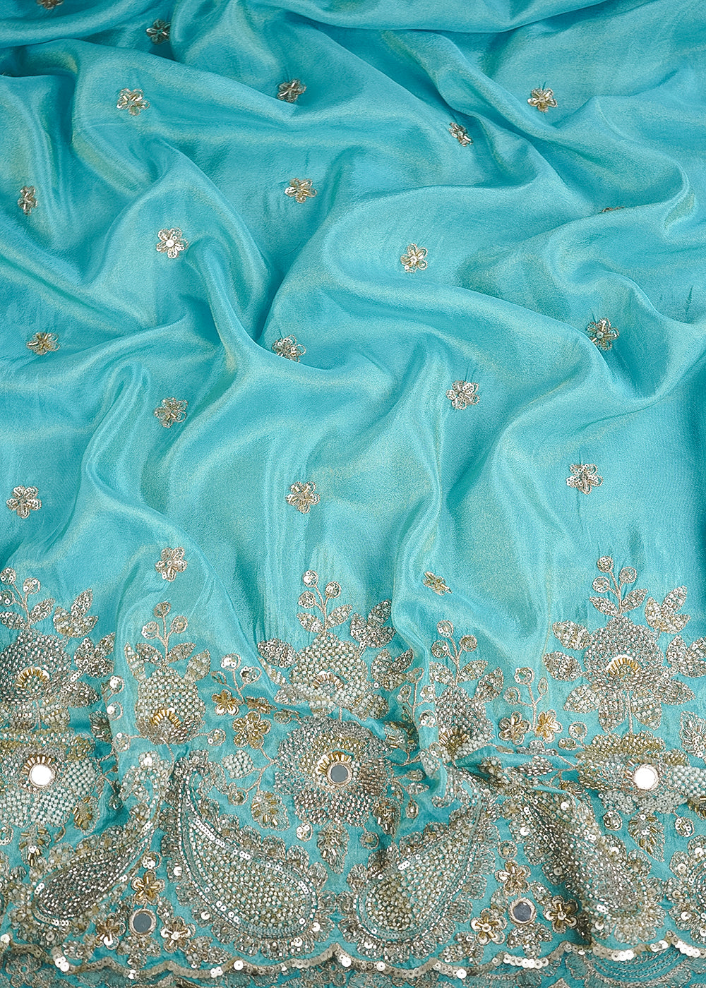 Blue Tissue Fabric With All Over Zari, Sequins, Katdana, Bead And Faux Mirror Work With One Side Heavy Border 24547