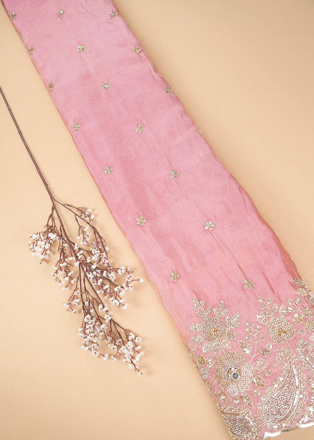 Pink Tissue Fabric With All Over Zari, Sequins, Katdana, Bead And Faux Mirror Work With One Side Heavy Border 24548