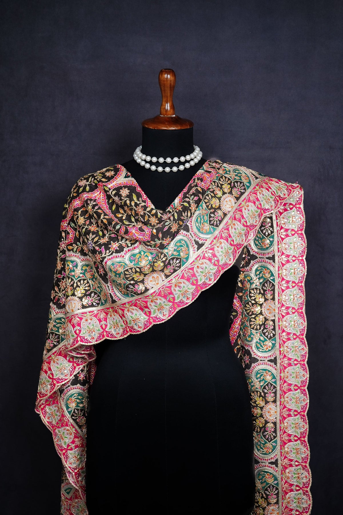 Black Chinon Chiffon Dupatta All Over Zari And Sequins Work With Border 24559