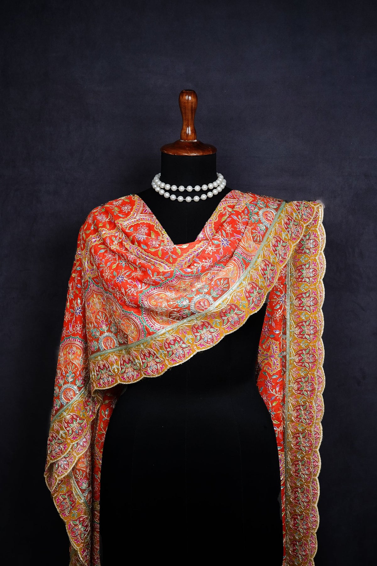 Orange Chinon Chiffon Dupatta All Over Zari And Sequins Work With Border 24561