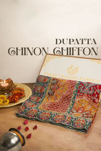 Red Chinon Chiffon Dupatta All Over Zari And Sequins Work With Border 24563