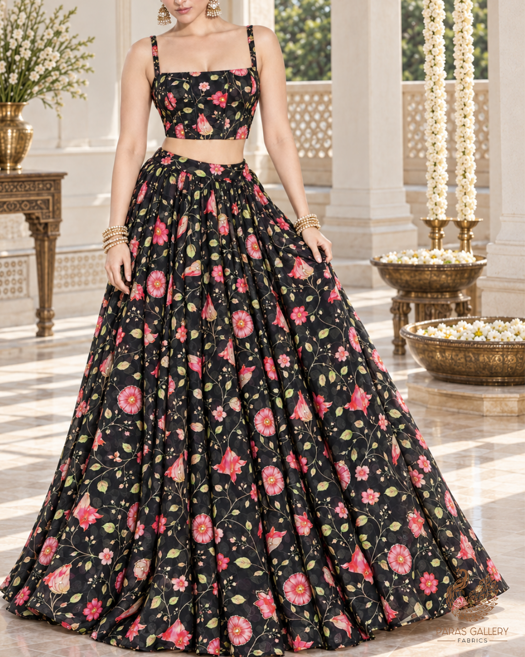 Black Organza Fabric With All Over Floral Print, Bead And Katdana Work 24592