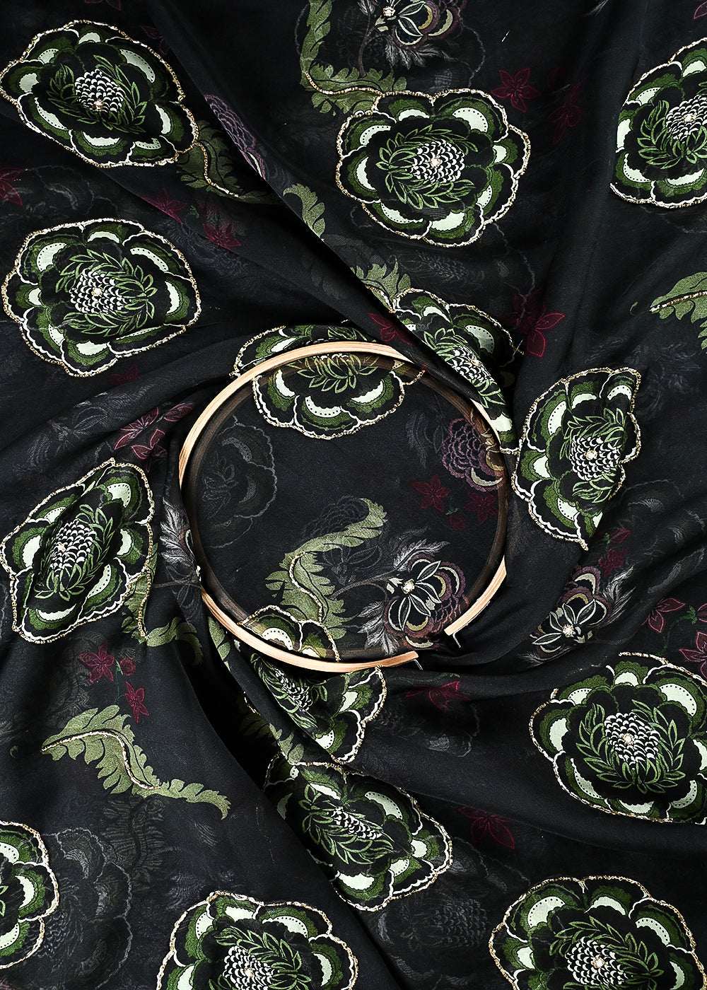 Mehendi Green Organza Fabric With All Over Floral Print, Bead And Katdana Work 24593
