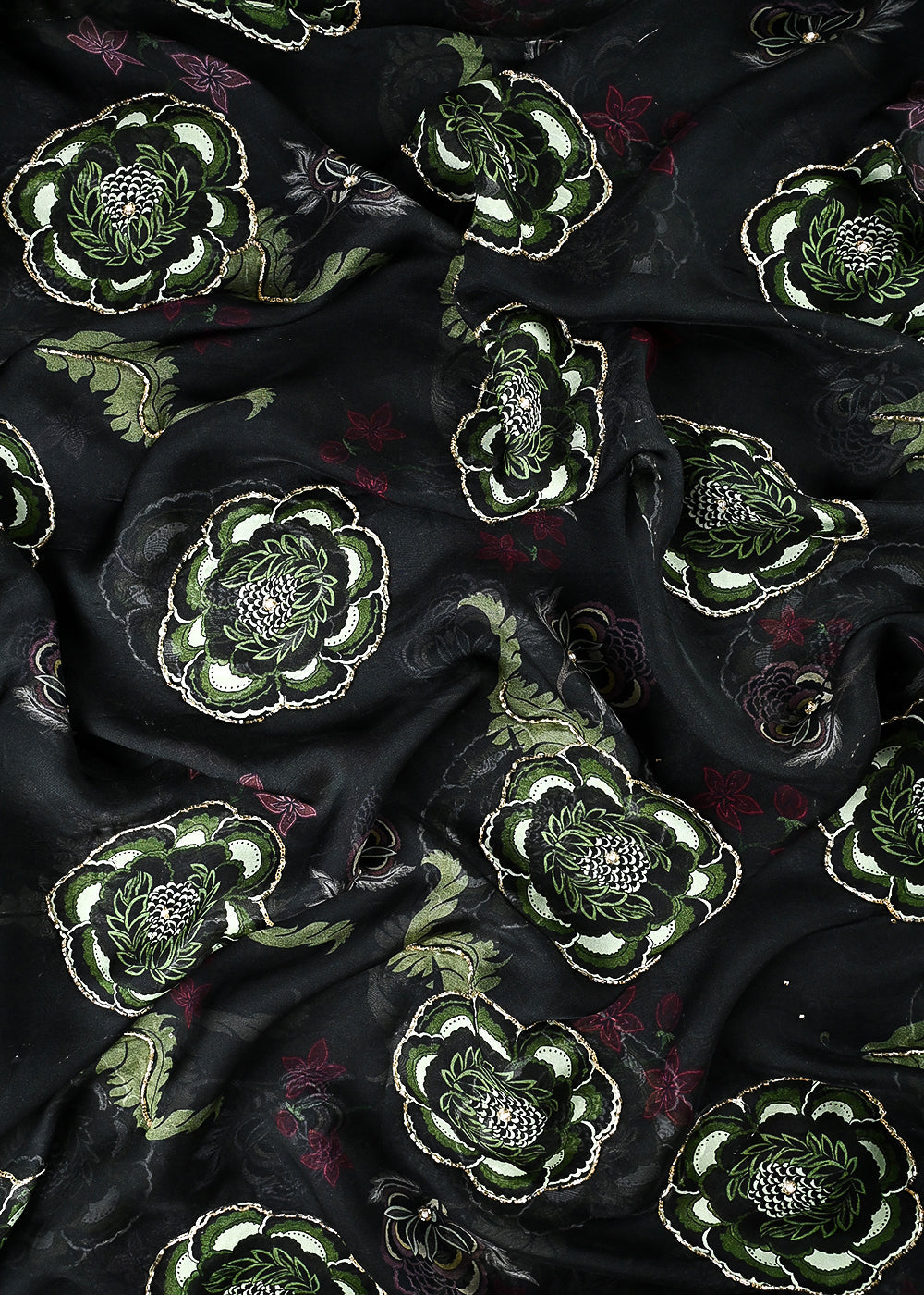 Mehendi Green Organza Fabric With All Over Floral Print, Bead And Katdana Work 24593
