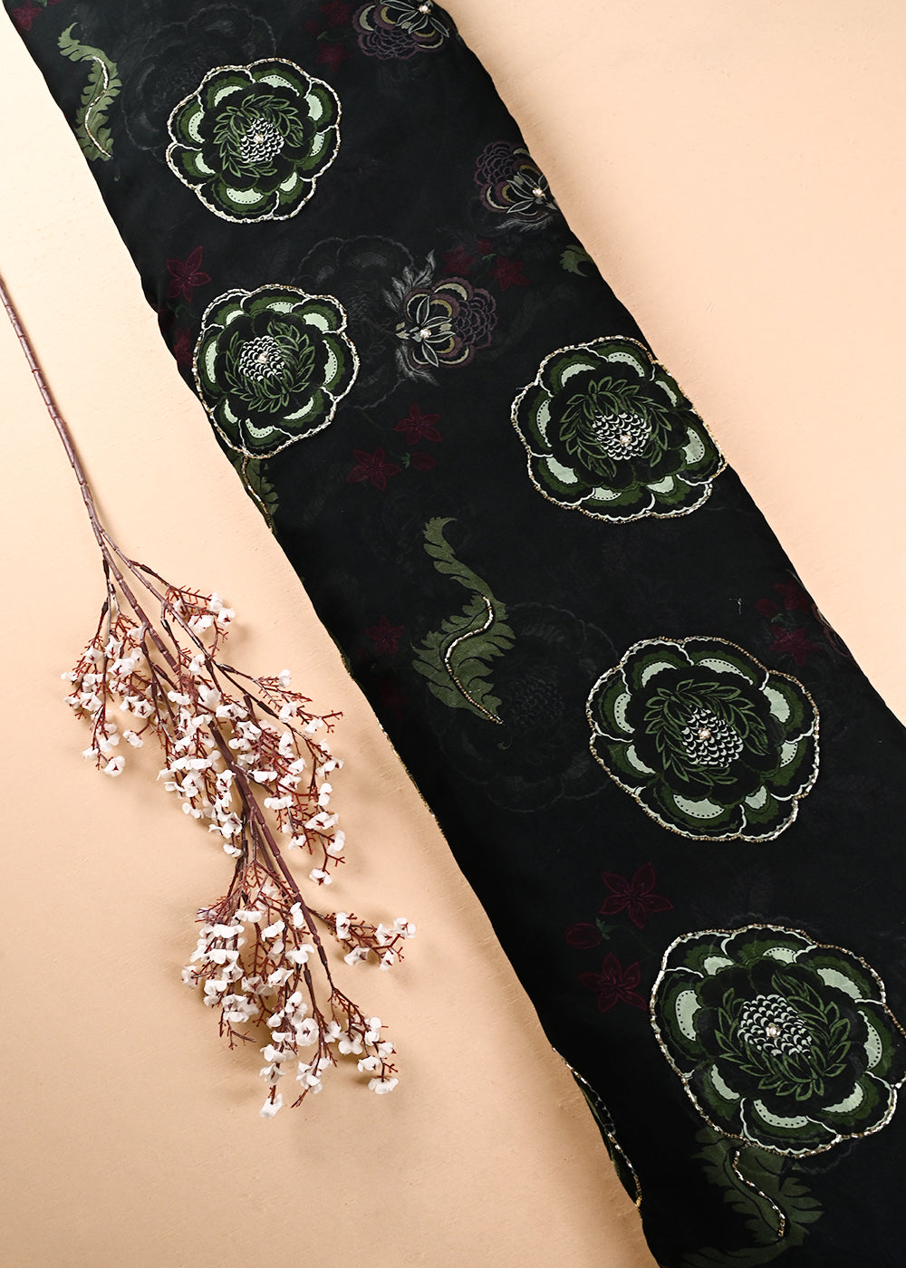 Mehendi Green Organza Fabric With All Over Floral Print, Bead And Katdana Work 24593
