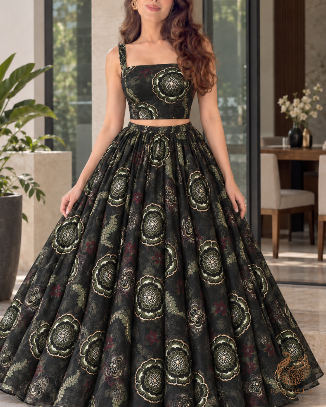 Mehendi Green Organza Fabric With All Over Floral Print, Bead And Katdana Work 24593