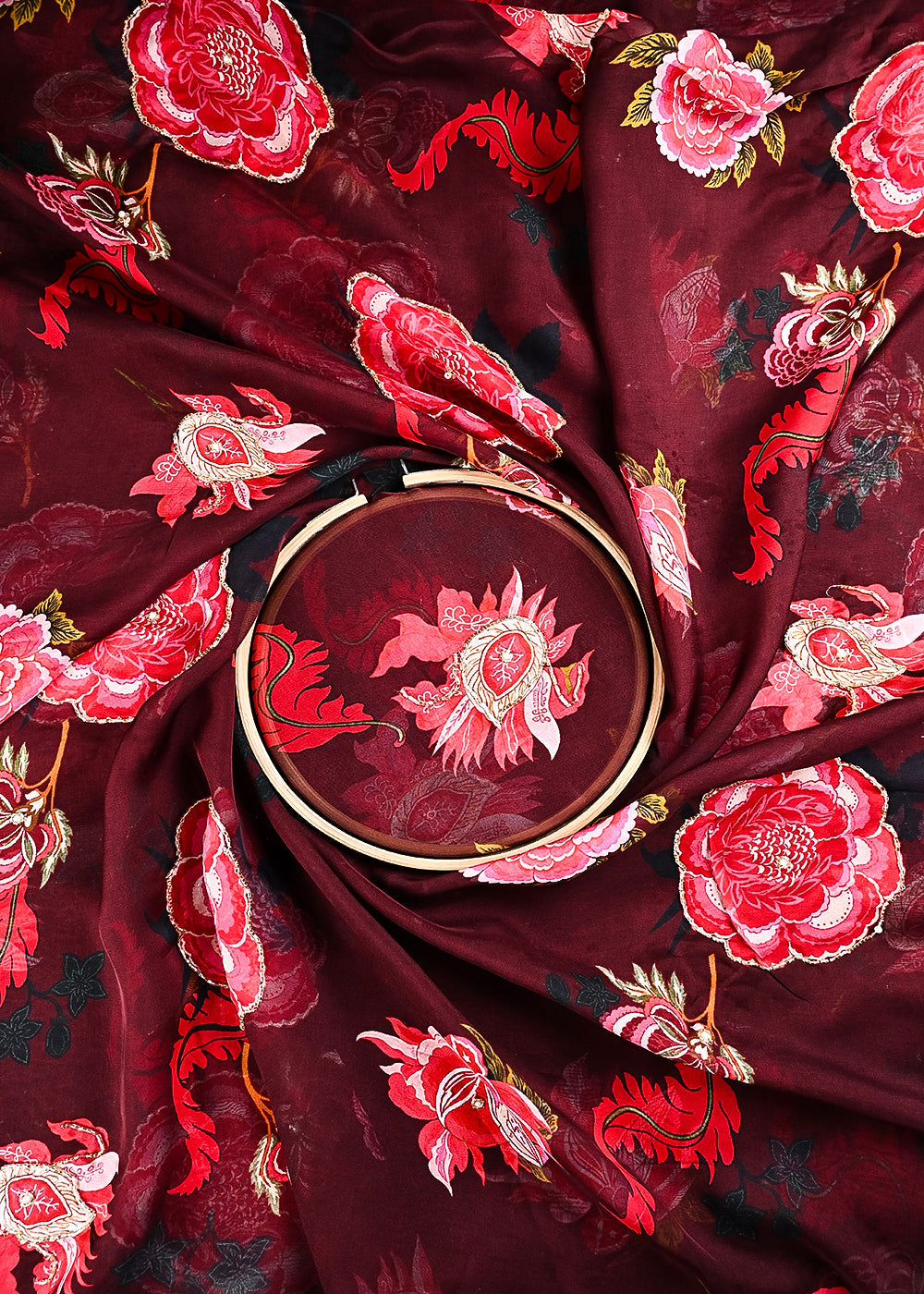 Wine Organza Fabric With All Over Floral Print, Bead And Katdana Work 24594