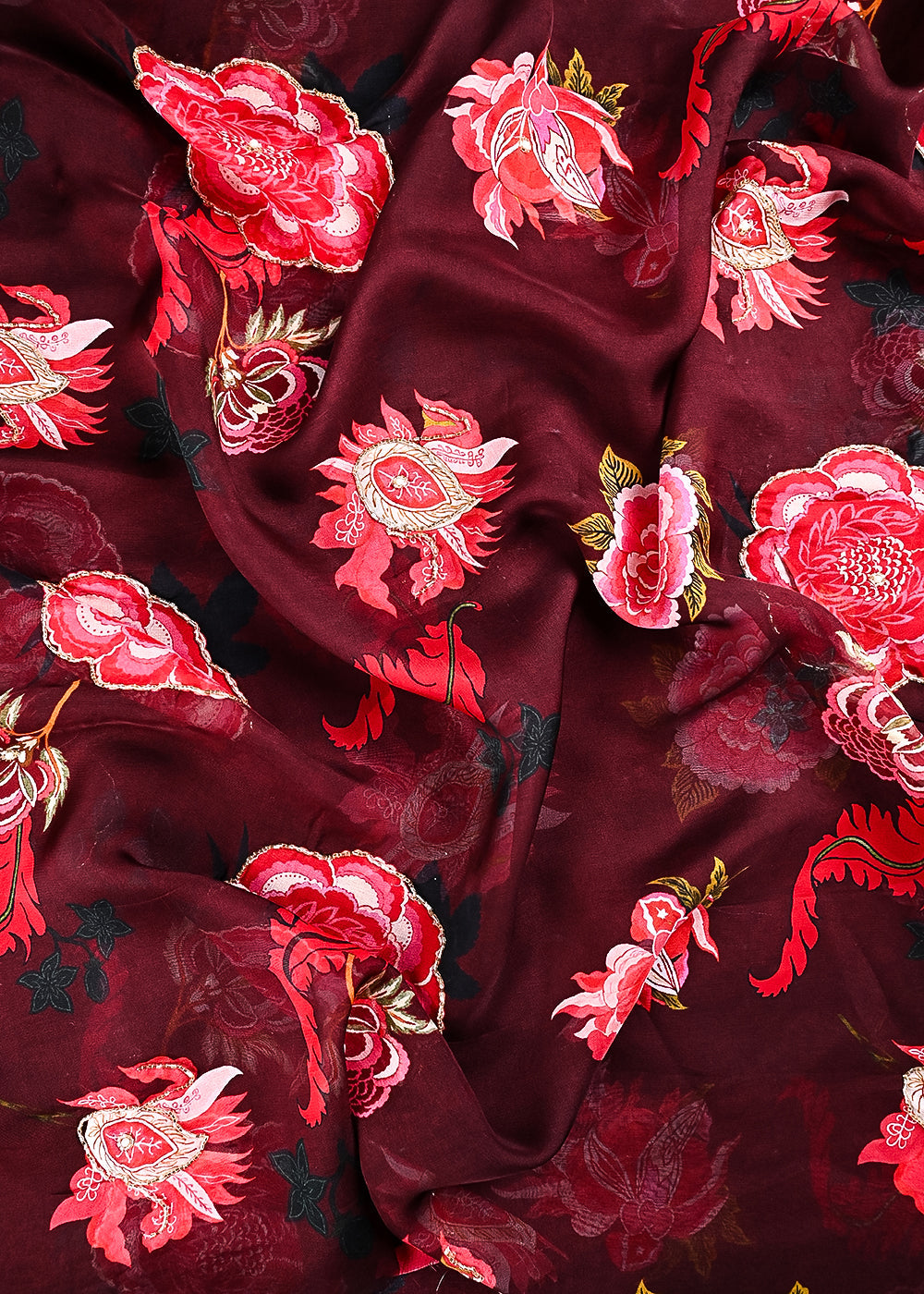 Wine Organza Fabric With All Over Floral Print, Bead And Katdana Work 24594